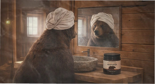 Brown bear with a towel wrapped around its head standing at a wooden lodge bathroom sink, looking at its reflection in a mirror, with a Bear Essentials tallow and honey moisturiser jar placed on the counter.