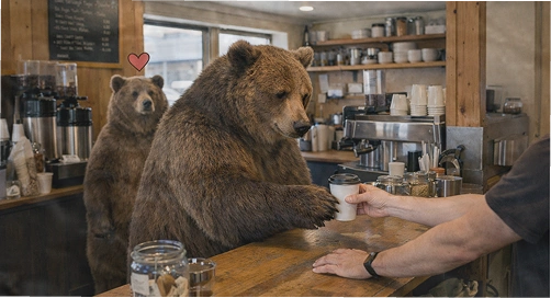 Brown bear with a towel wrapped around its head standing at a wooden lodge bathroom sink, looking at its reflection in a mirror, with a Bear Essentials tallow and honey moisturiser jar placed on the counter.